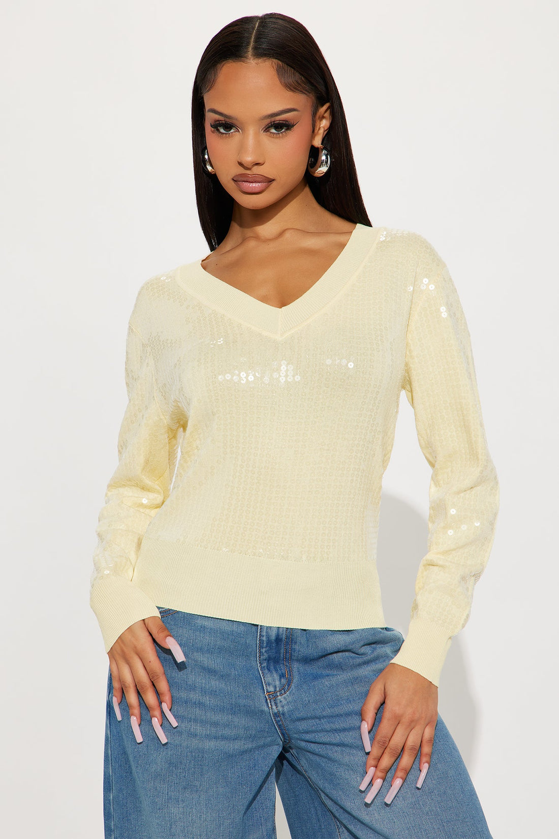 Starstruck Sequin Sweater Top - Butter Yellow