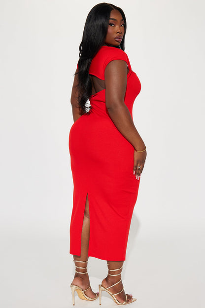 Hailey Ribbed Midi Dress - Tomato Red