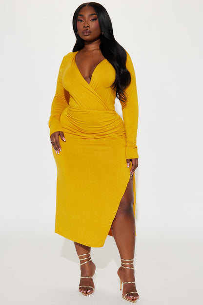 Claire Ruched Midi Dress - Mustard