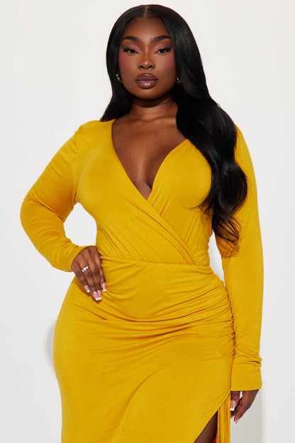 Claire Ruched Midi Dress - Mustard