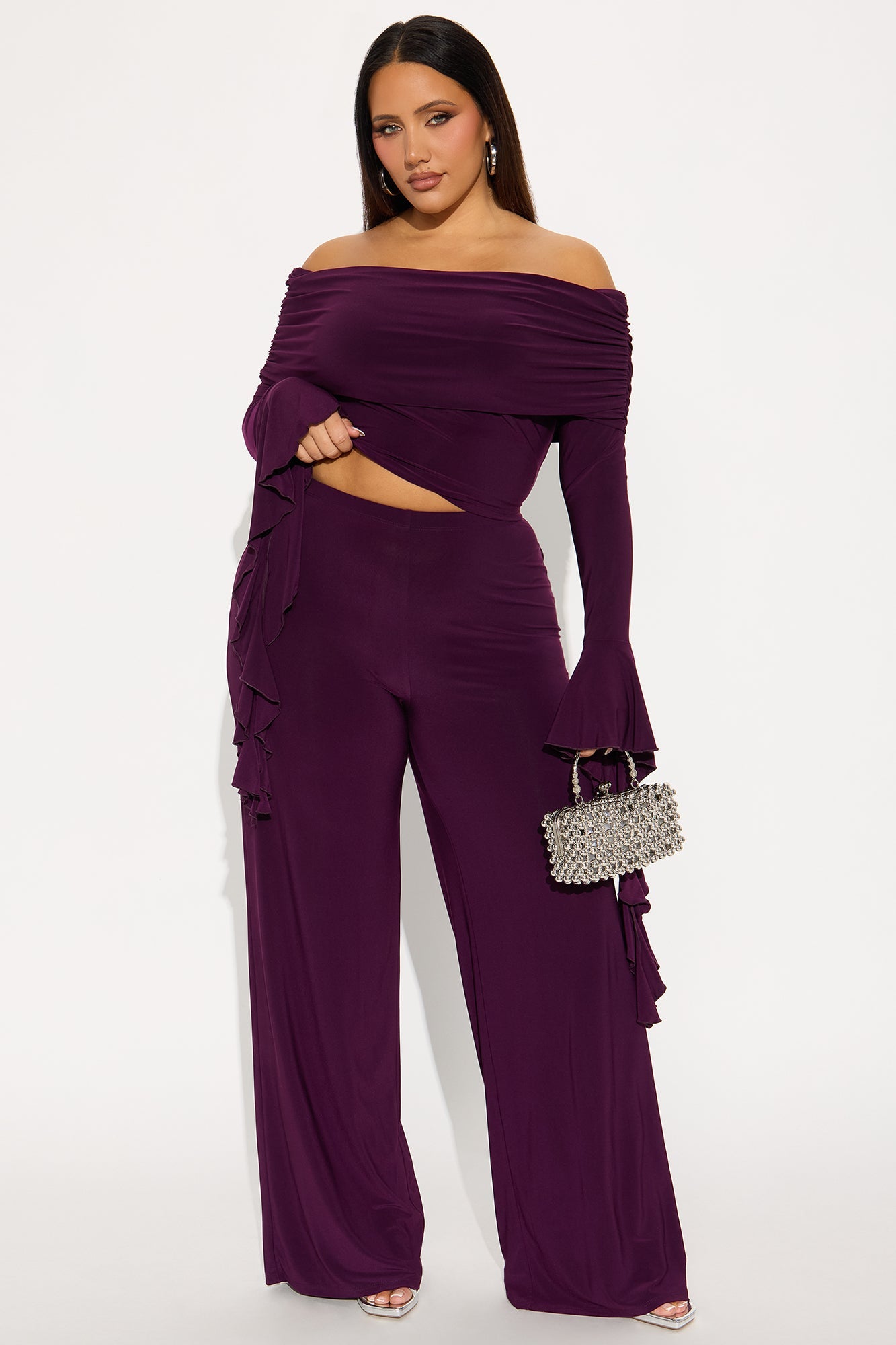 On Again Off Shoulder Top And Pant Set - Eggplant