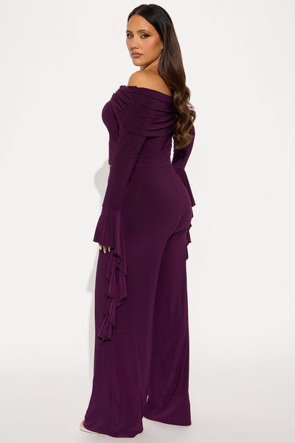 On Again Off Shoulder Top And Pant Set - Eggplant