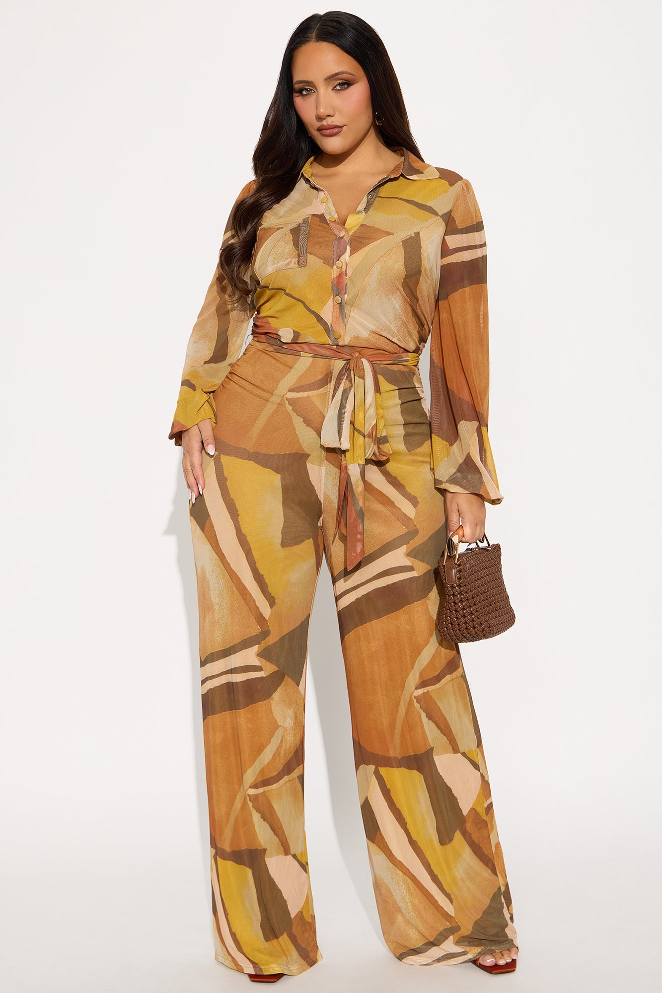 Eyes On Me Long Sleeve Mesh Jumpsuit - Rust/combo