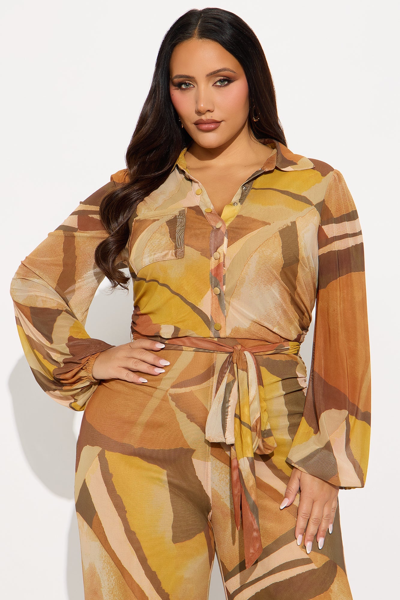 Eyes On Me Long Sleeve Mesh Jumpsuit - Rust/combo