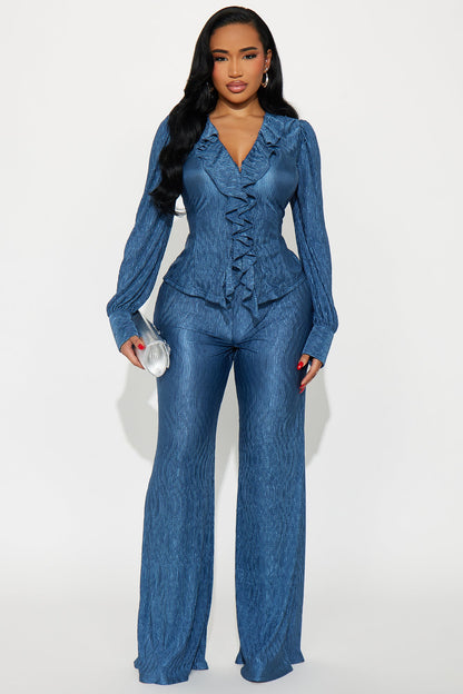 Sabine Plisse Ruffle Pant Set - Blue