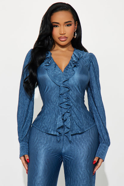 Sabine Plisse Ruffle Pant Set - Blue