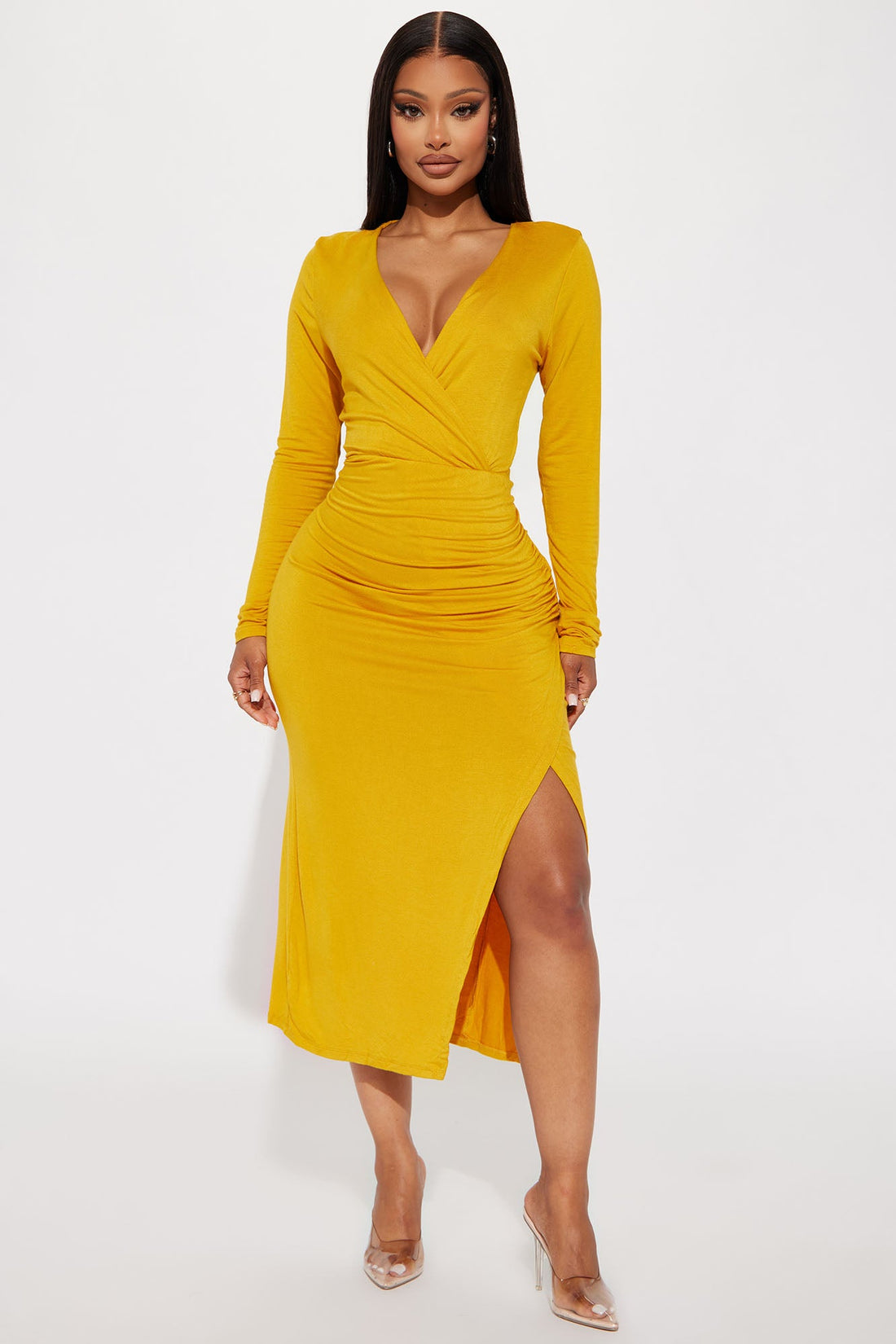 Claire Ruched Midi Dress - Mustard