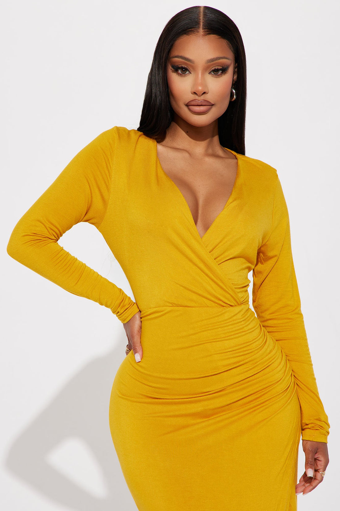 Claire Ruched Midi Dress - Mustard