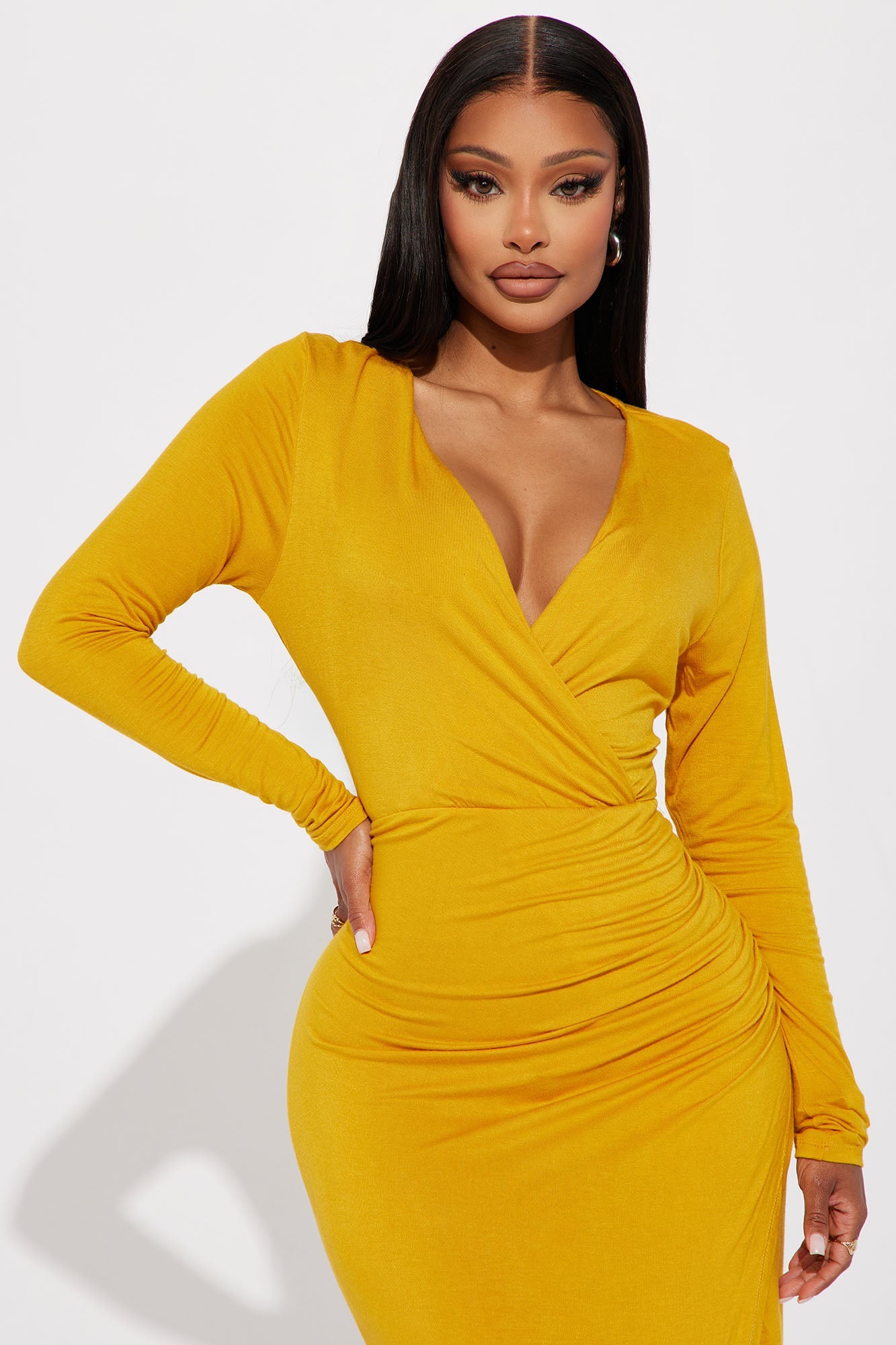 Claire Ruched Midi Dress - Mustard