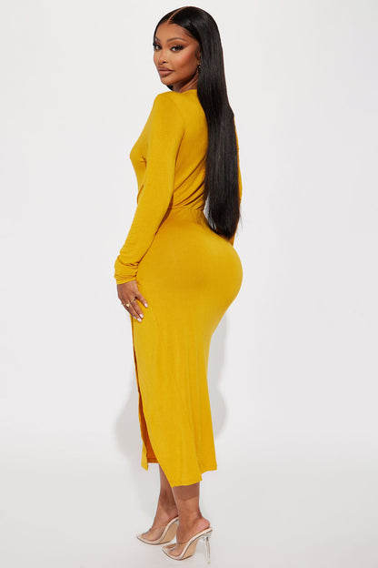 Claire Ruched Midi Dress - Mustard