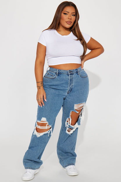 Drive You Crazy Ripped Non Stretch Straight Leg Jeans - Medium Wash