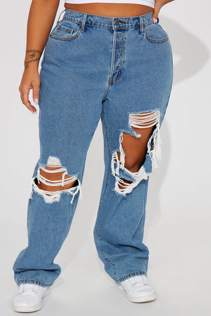 Drive You Crazy Ripped Non Stretch Straight Leg Jeans - Medium Wash