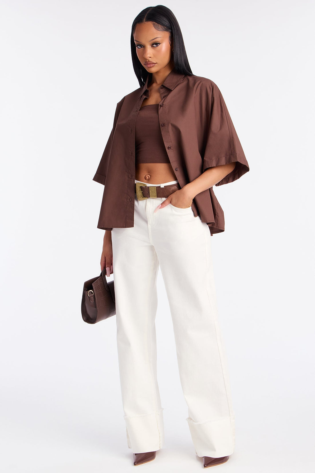 Sancie Oversized Poplin Button Up Shirt - Chocolate
