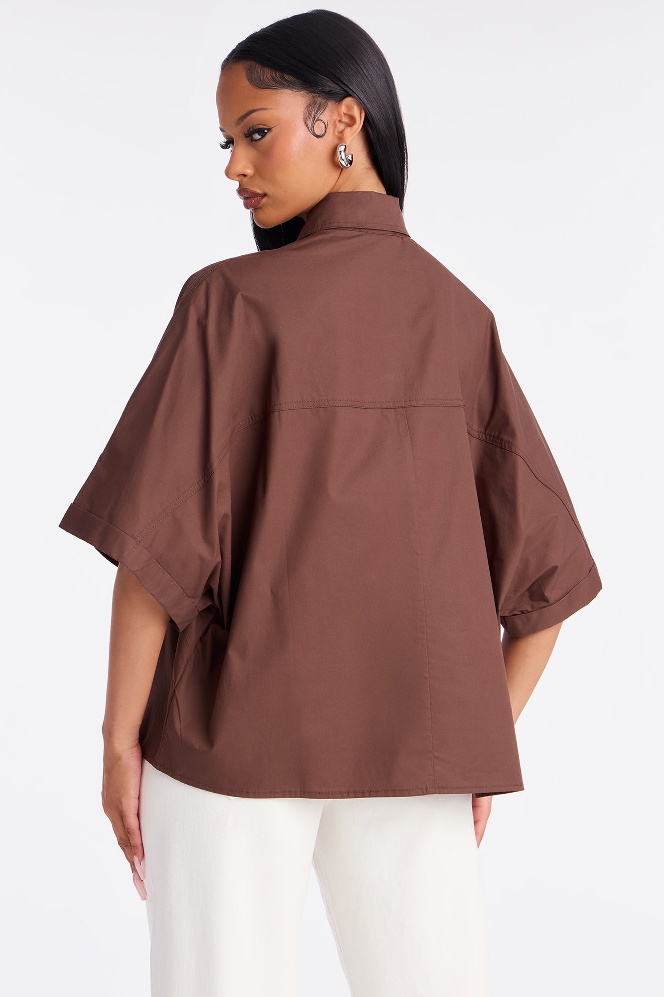 Sancie Oversized Poplin Button Up Shirt - Chocolate