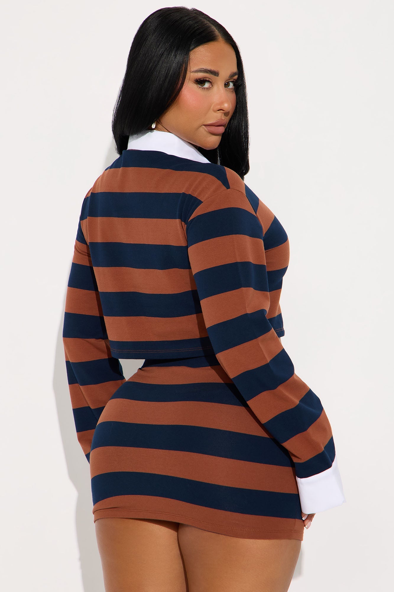 Lindsay Striped Long Sleeve Skirt Set - Brown