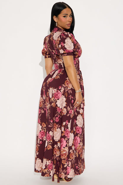 Polly Puff Sleeve Maxi Dress - Burgundy/combo
