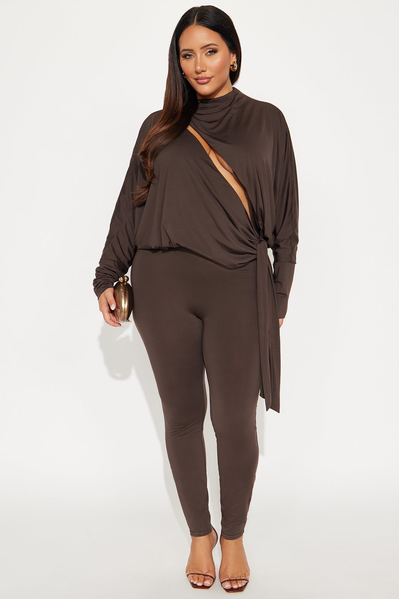 Eden Long Sleeve Skinny Leg Jumpsuit - Chocolate