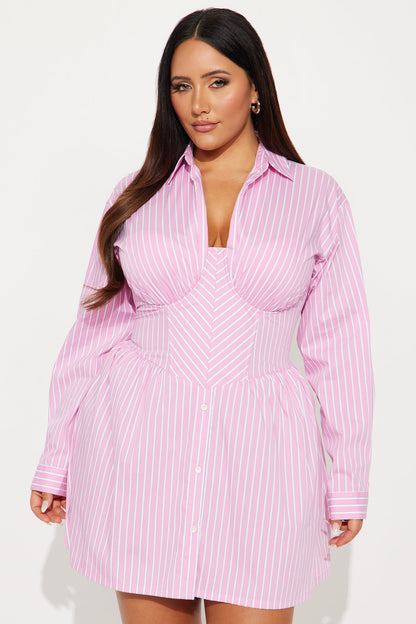 Carly Collar Pinstripe Shirt Mini Dress - Pink