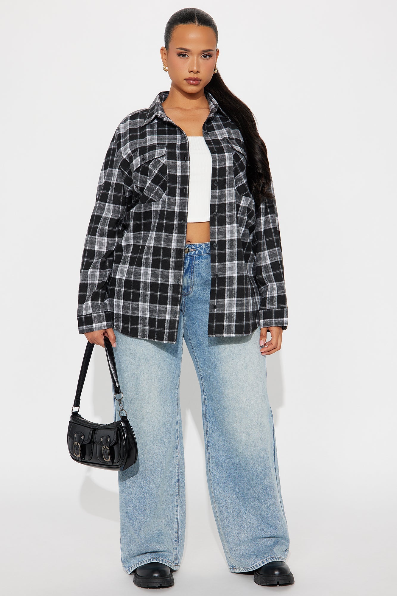 Pull Up Flannel Plaid Shirt - Black/combo