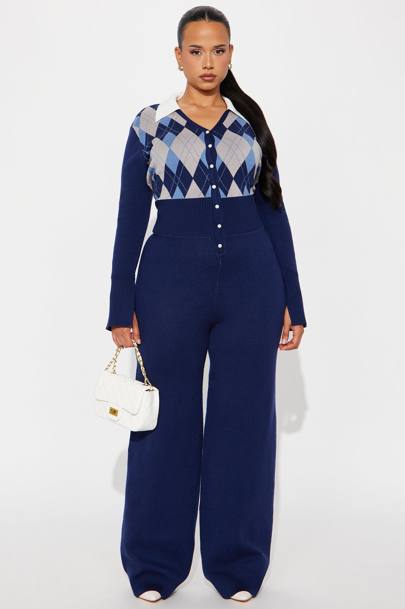 Preppy Vibes Sweater Jumpsuit - Navy/combo