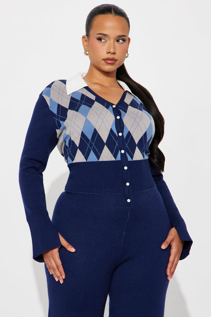 Preppy Vibes Sweater Jumpsuit - Navy/combo