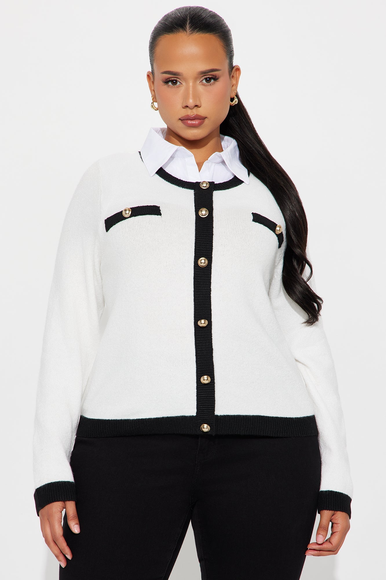 Golden Era Button Front Collared Cardigan - Ivory/combo