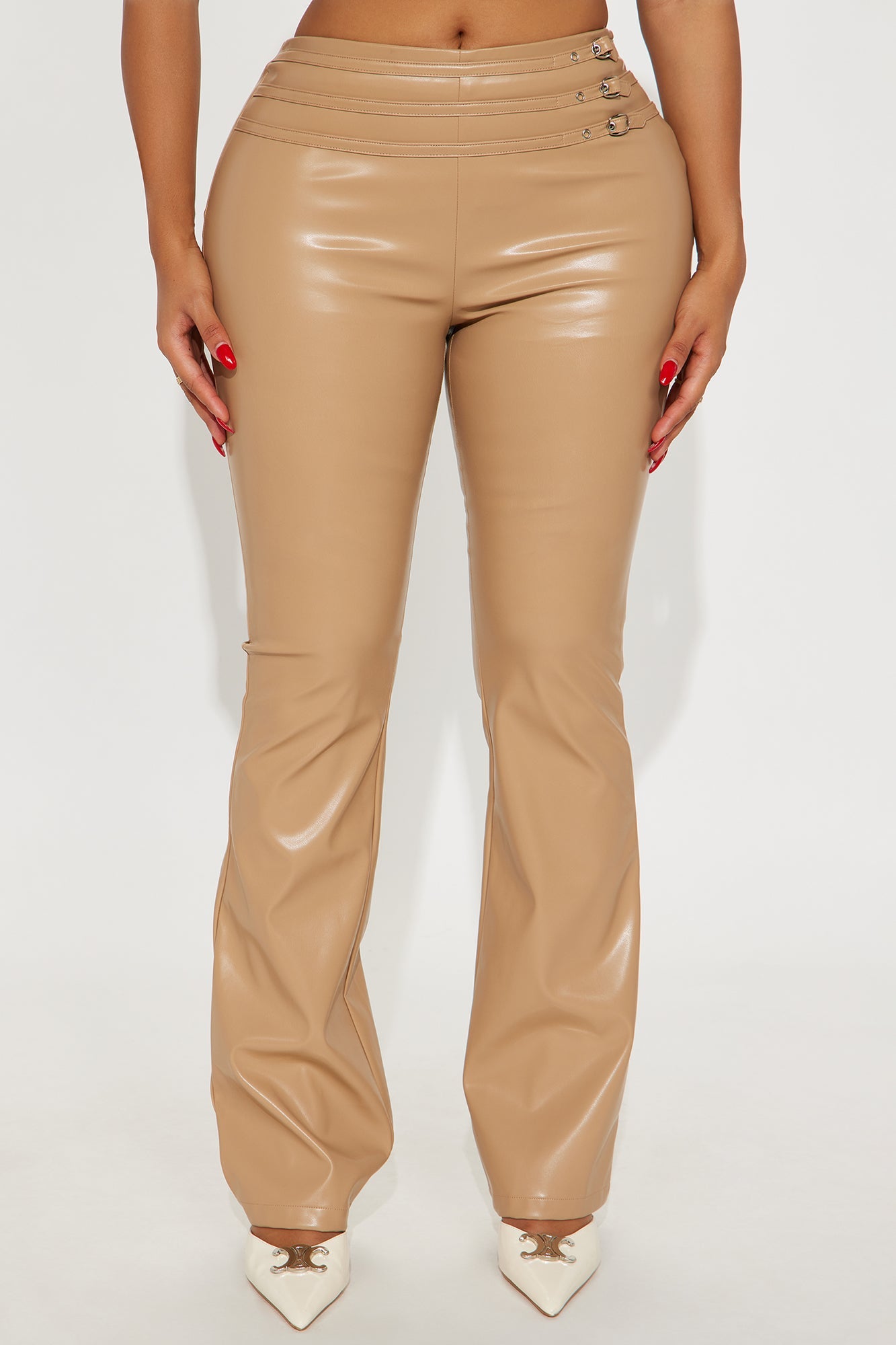 Finessed Faux Leather Flare Pant 33″ - Camel