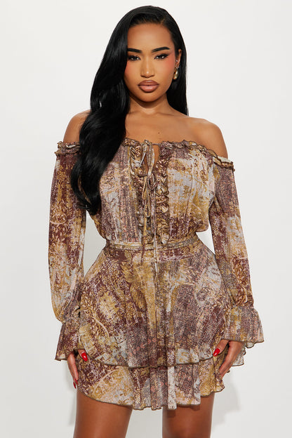 Annie Off Shoulder Mini Dress - Brown/combo