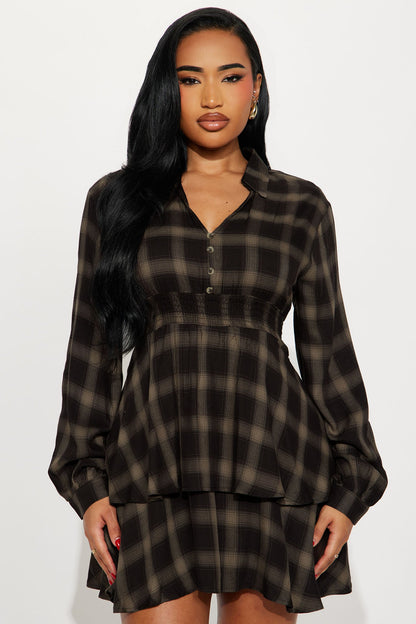 Mimmie Plaid Mini Dress - Brown