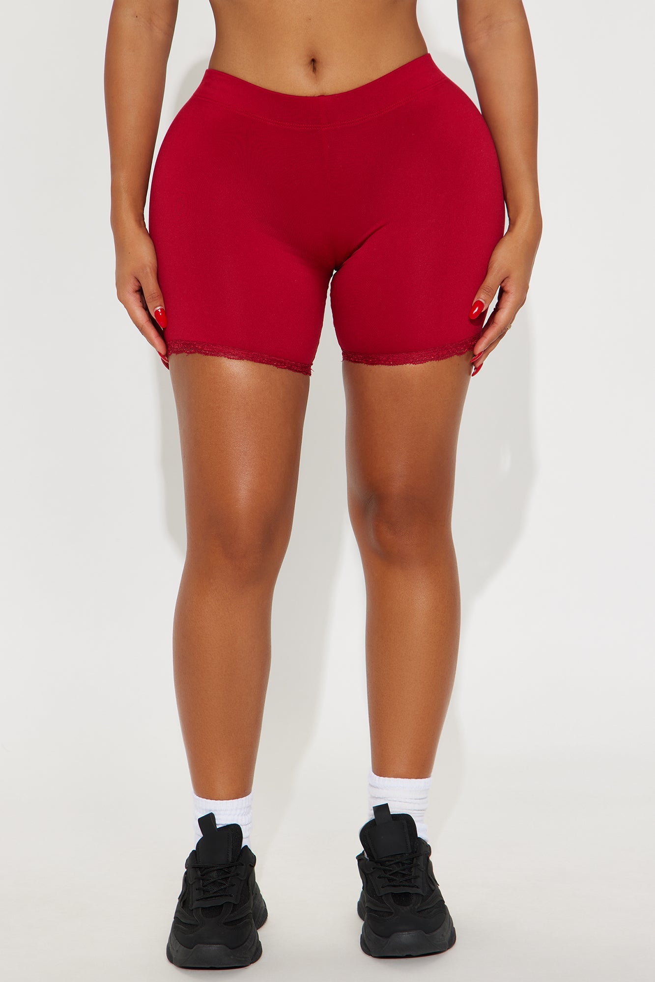 Camille Lace Trim Biker Short - Red