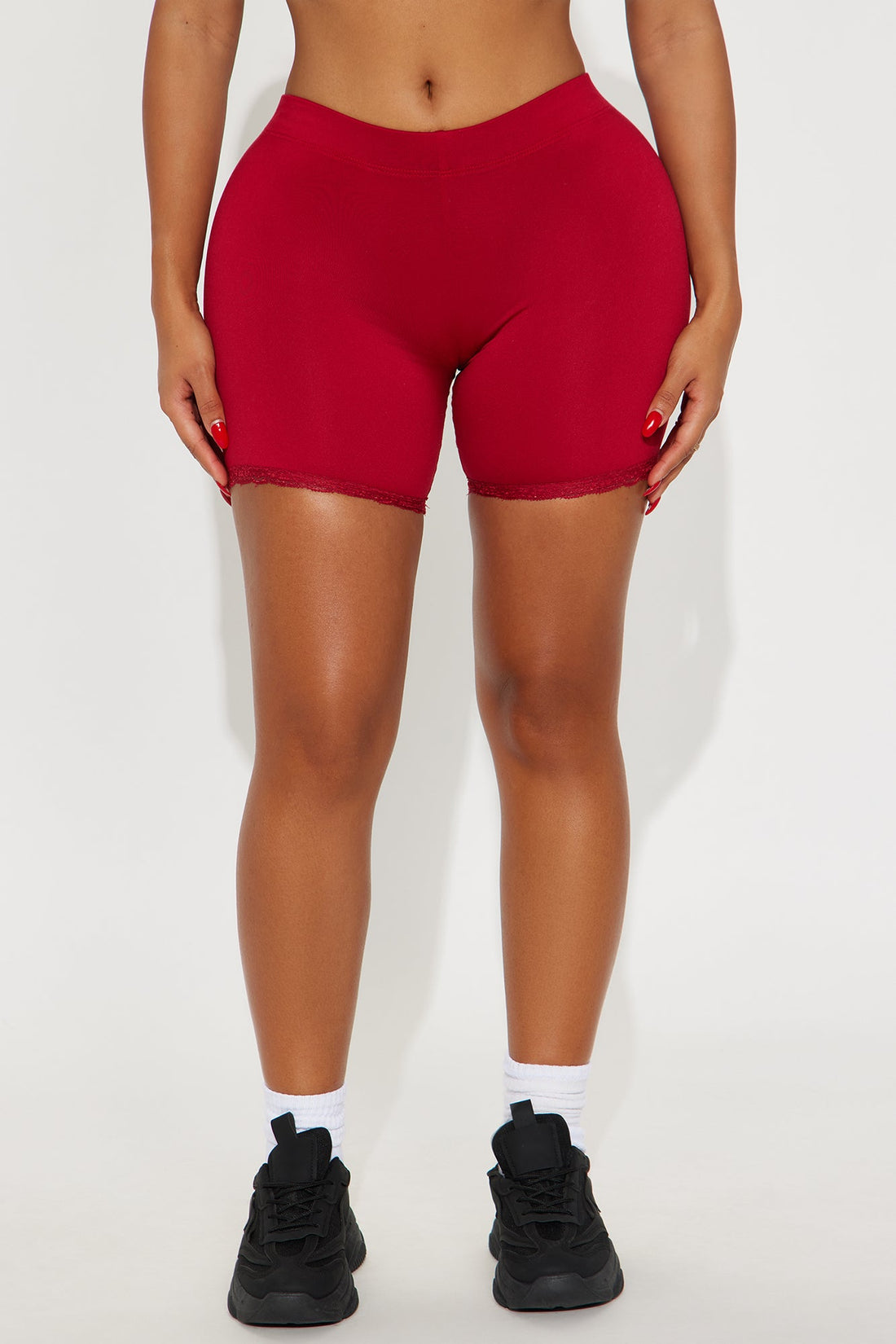 Camille Lace Trim Biker Short - Red