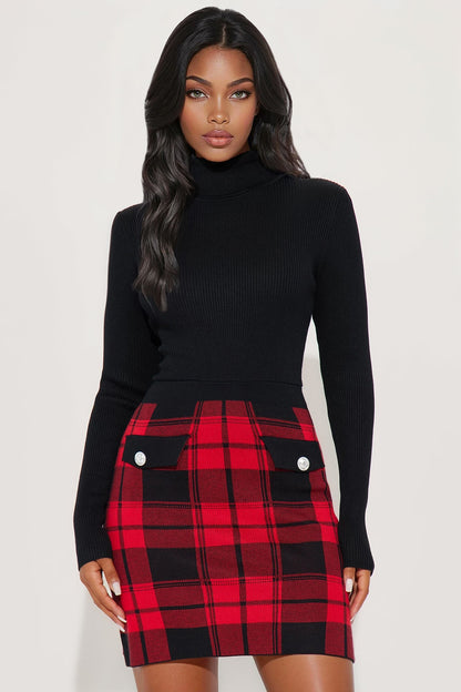 Tailored Taste Plaid Sweater Mini Dress - Red/combo