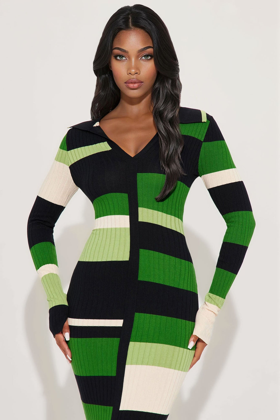 Carolina Collared Long Sleeve Sweater Maxi Dress - Green/combo