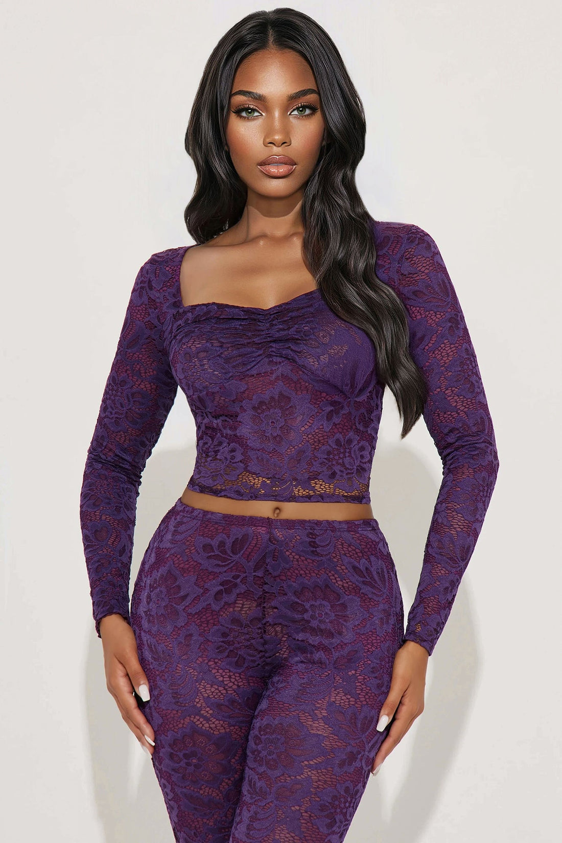 Victoria Lace Long Sleeve Capri Set - Plum