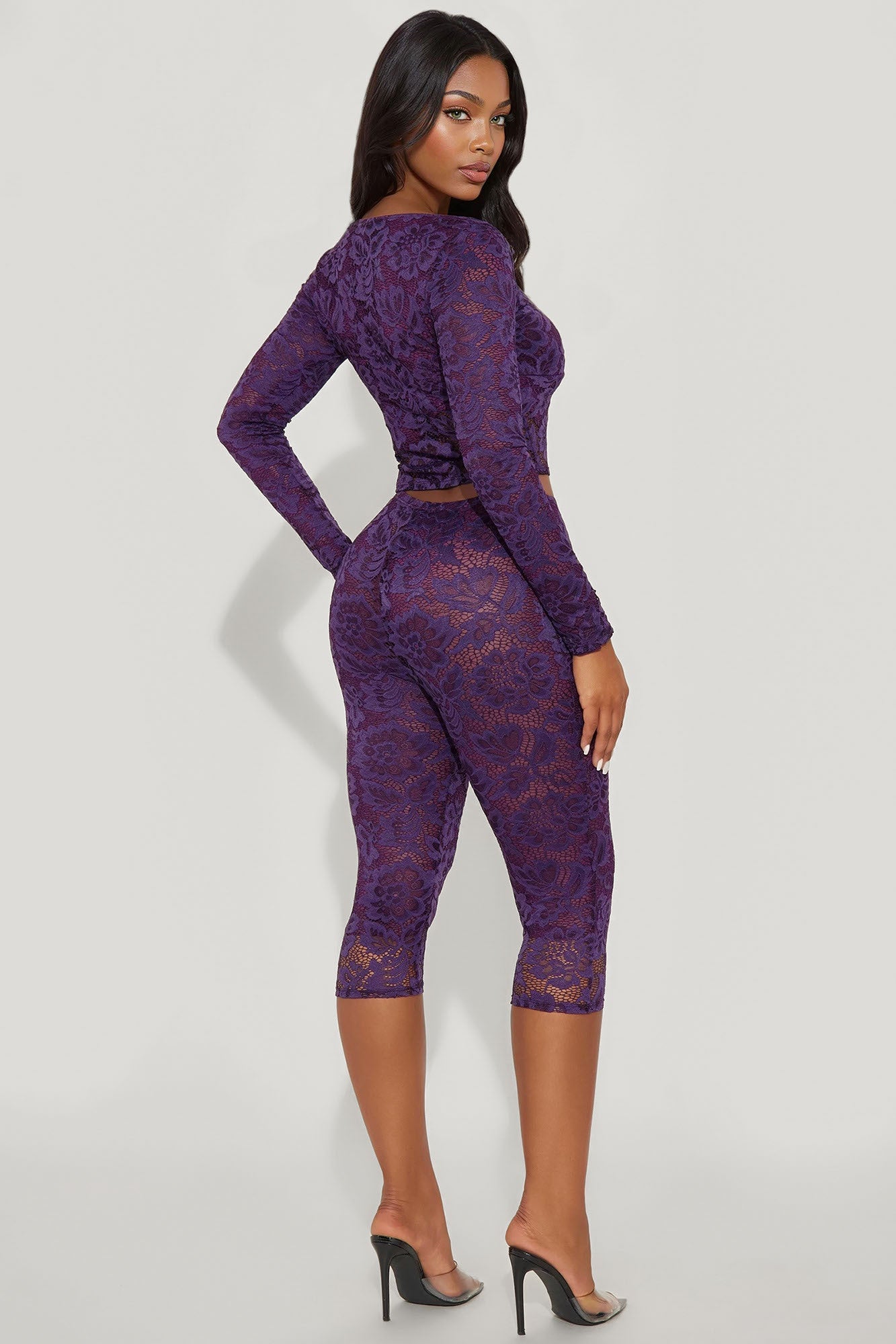 Victoria Lace Long Sleeve Capri Set - Plum