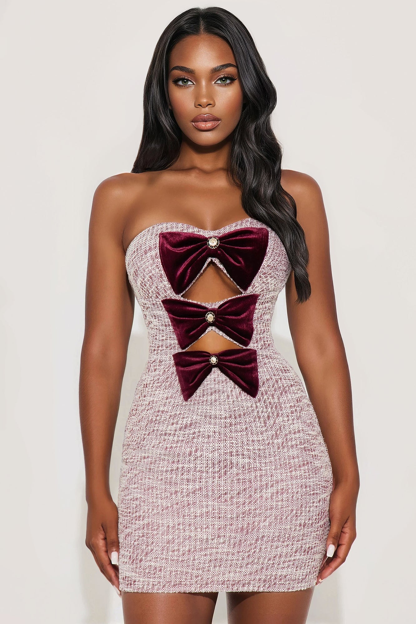 Brynlee Bow Tweed Mini Dress - Burgundy