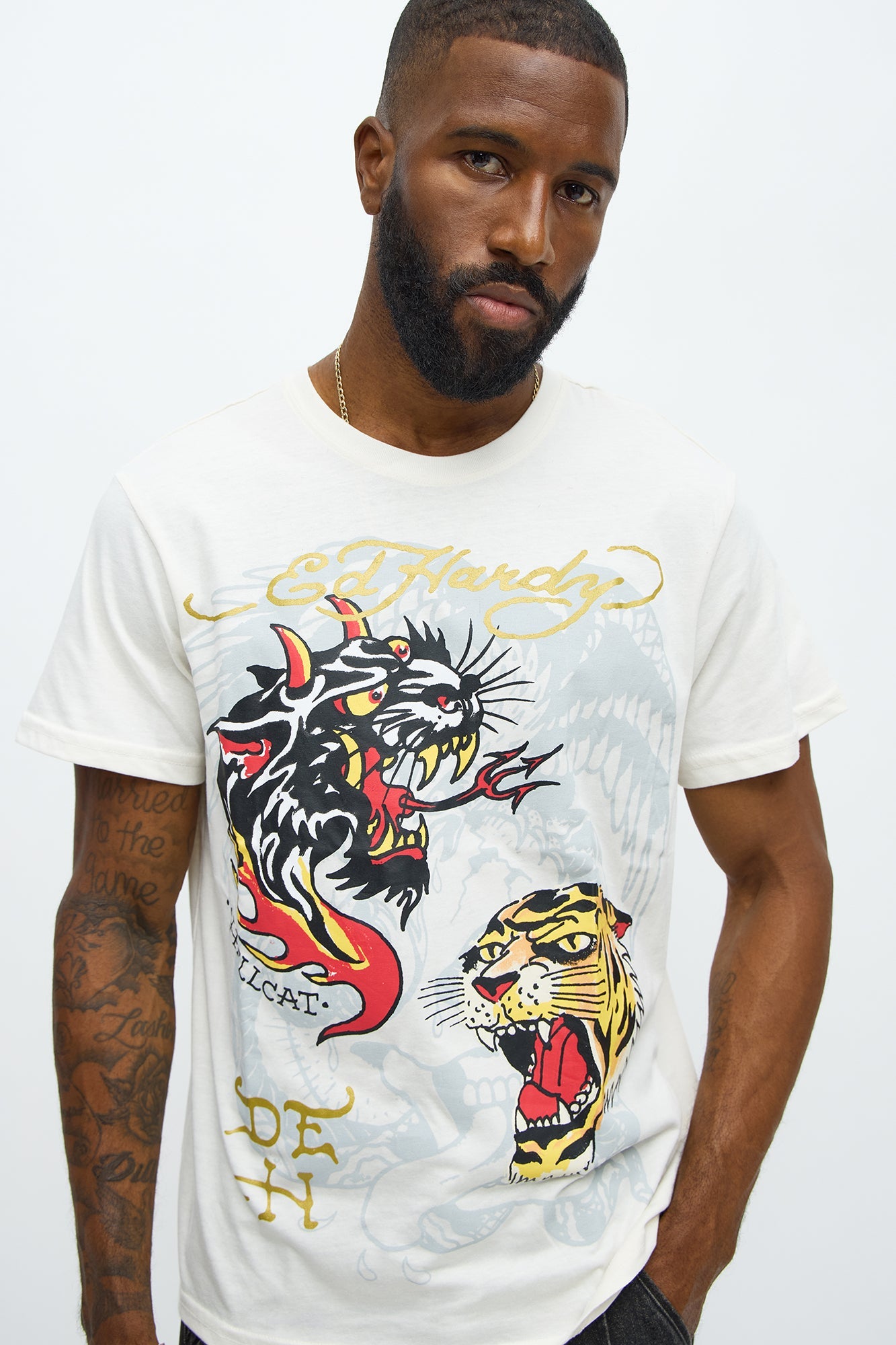 Ed Hardy Hellcat Tattoo Short Sleeve Tee - Ivory