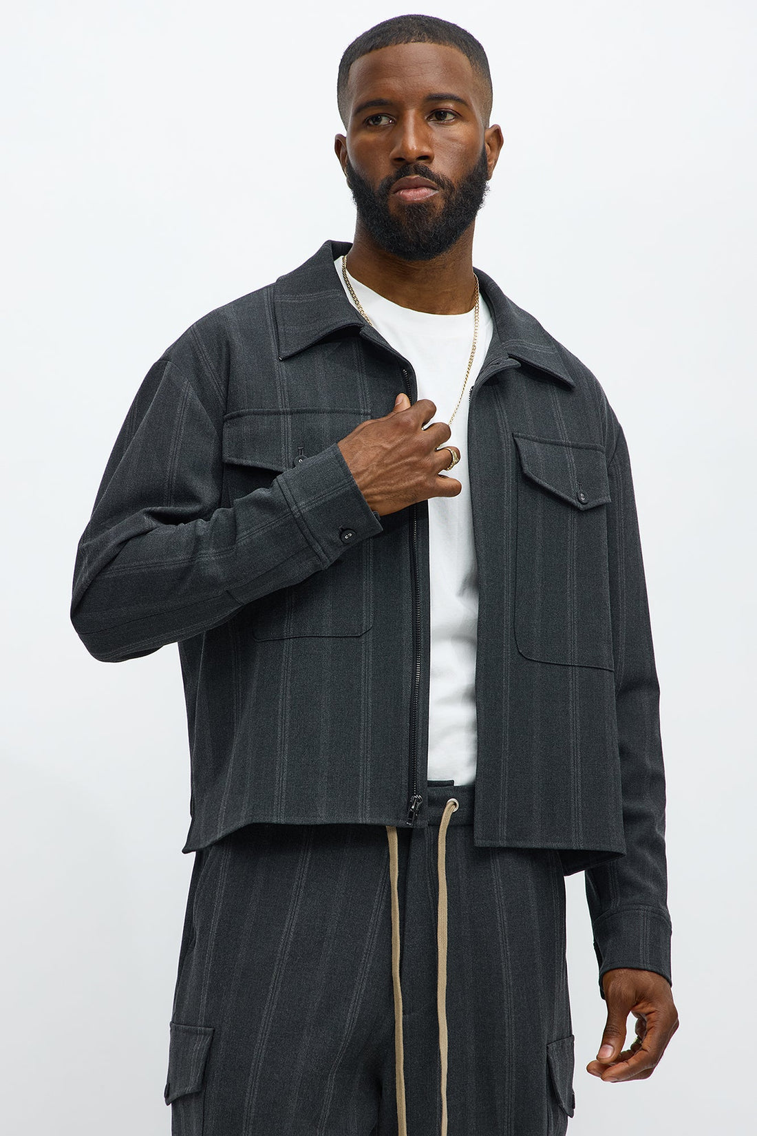 Relaxed Striped Suiting Bomber Jacket - Grey/combo
