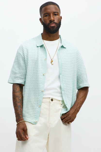 Regular Fit Color Block Button up Sweater Shirt - Teal