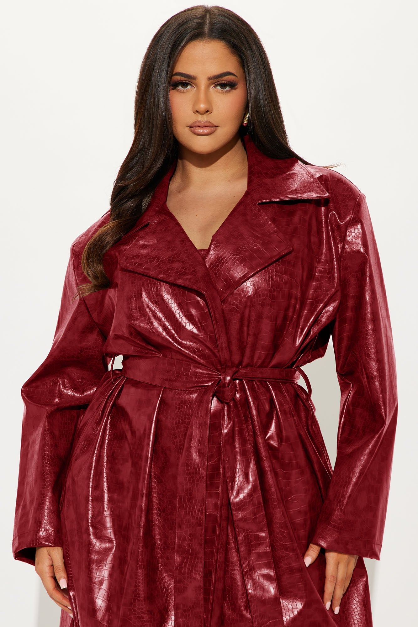 Hit The Gas Faux Leather Trench and Mini Dress Set - Wine