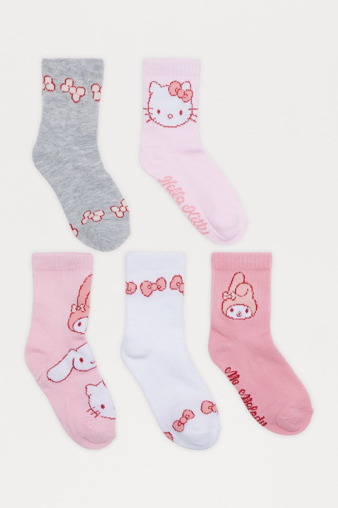 Mini Hello Kitty And My Melody Crew Socks 5 Pack - Pink/combo
