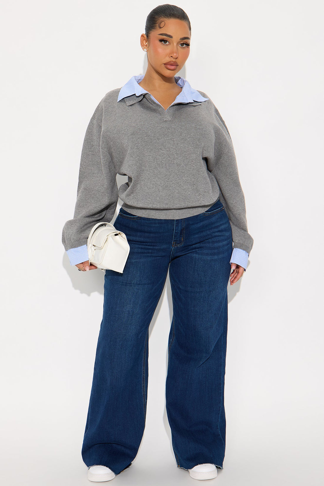 Clocked In Poplin Collar Sweater - Grey/combo