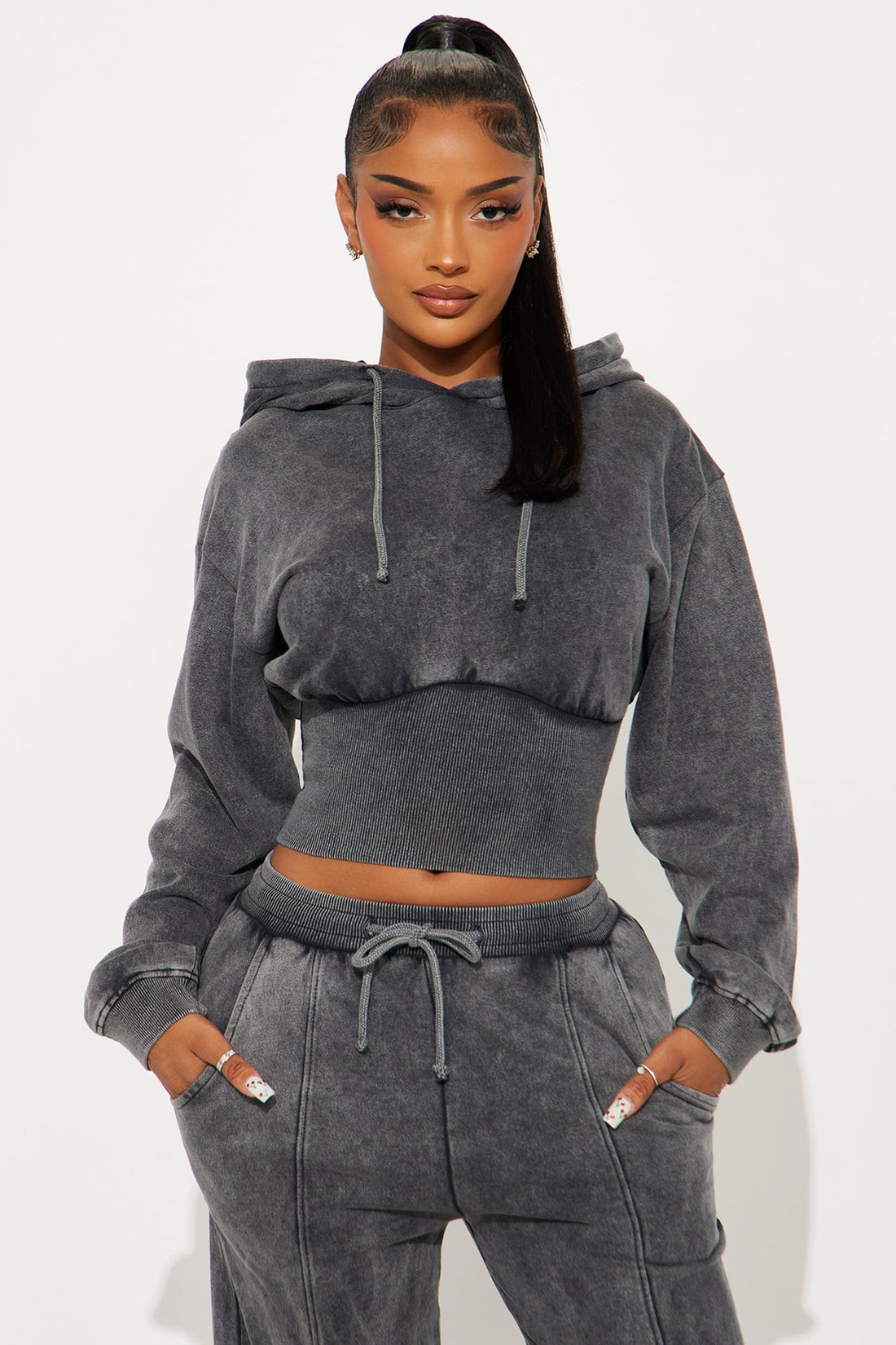 My Type Rib Waist Fleece Pant Set - Grey