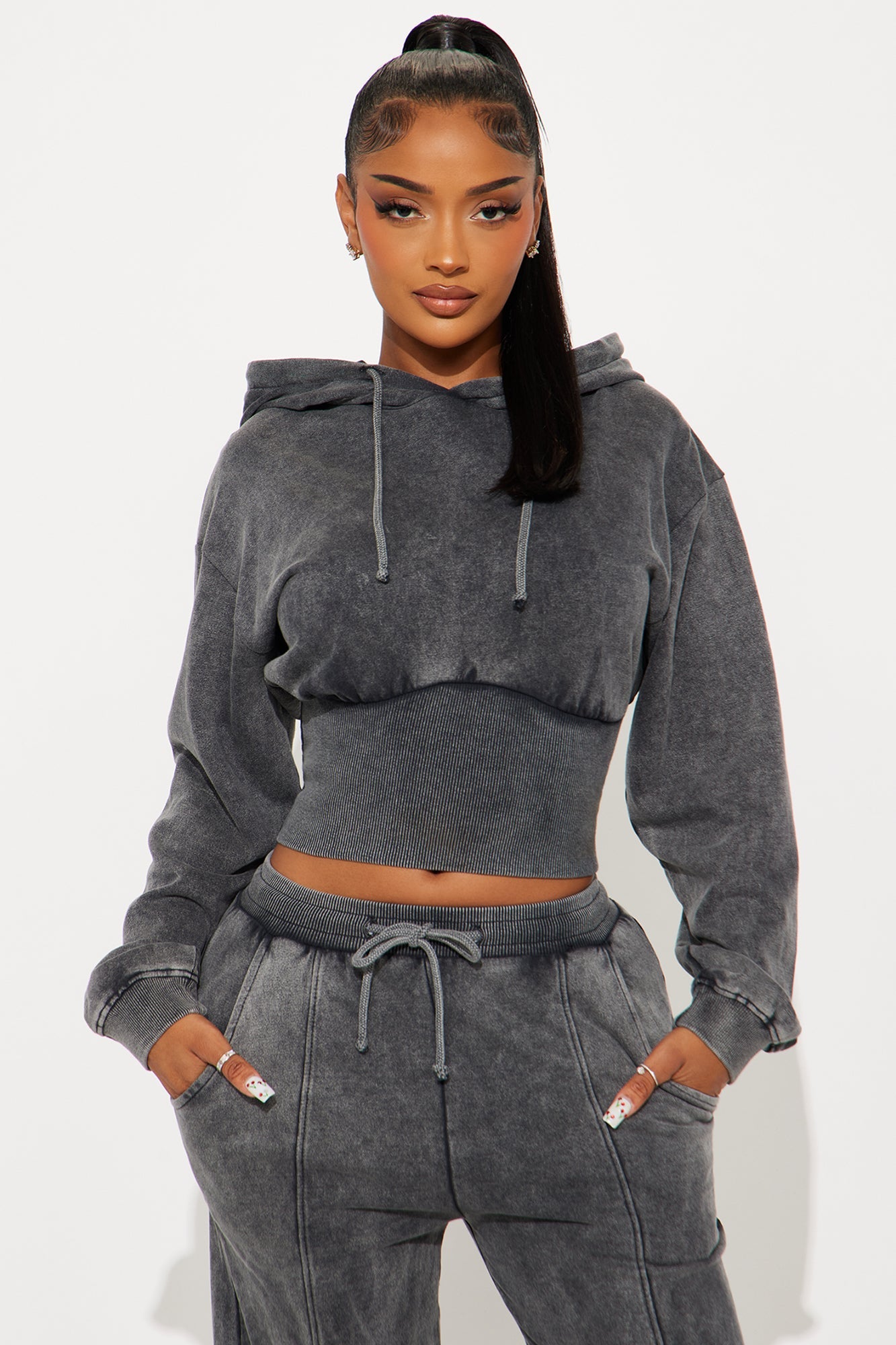 My Type Rib Waist Fleece Pant Set - Grey