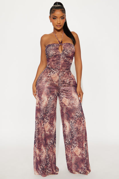 Solana Mesh Leopard Wide Leg Jumpsuit - Burgundy/combo