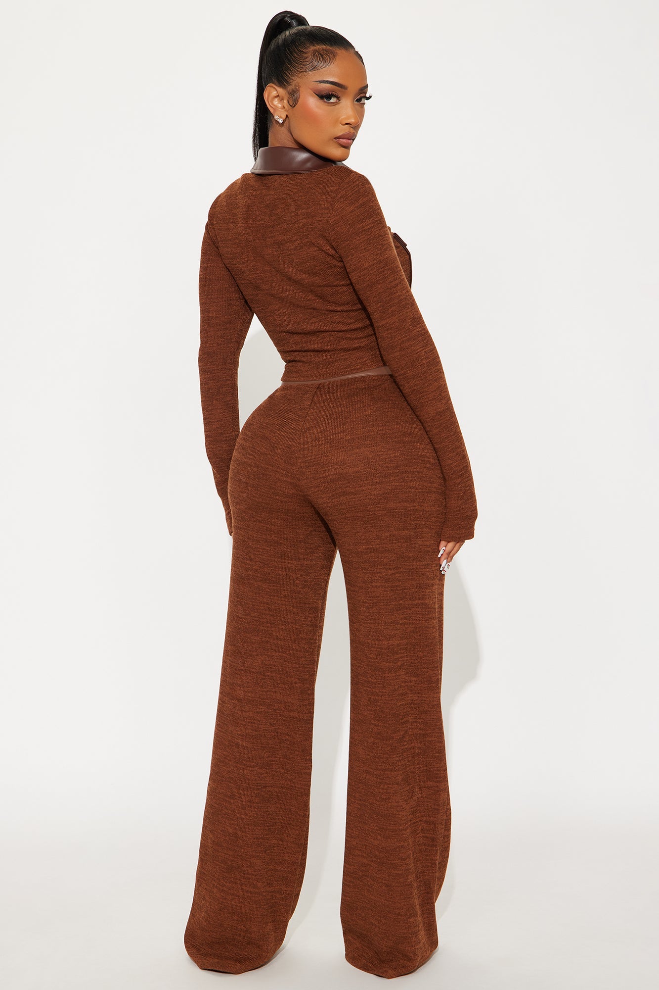 Elonna Faux Leather Trim Pant Set - Brown