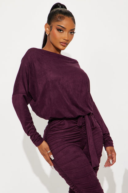 Violetta Faux Suede Off Shoulder Jumpsuit - Plum
