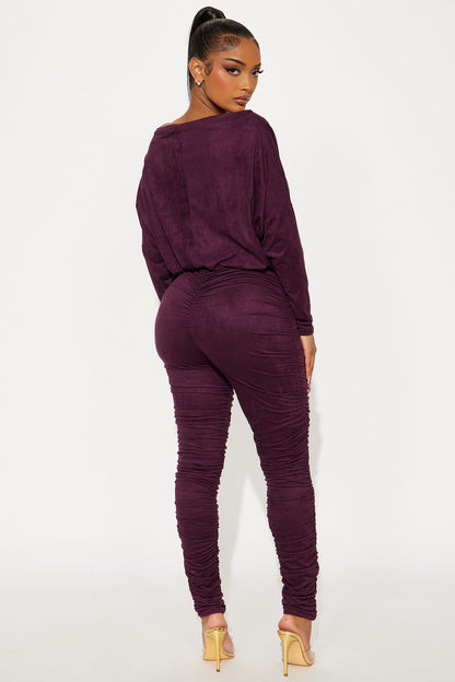 Violetta Faux Suede Off Shoulder Jumpsuit - Plum