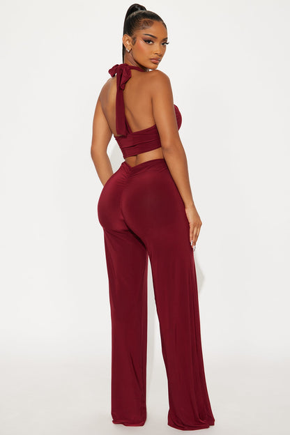 Untouchable Halter Wide Leg Jumpsuit - Burgundy