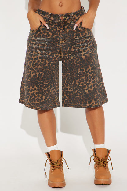 Wild Side Leopard Denim Jorts - Brown/combo